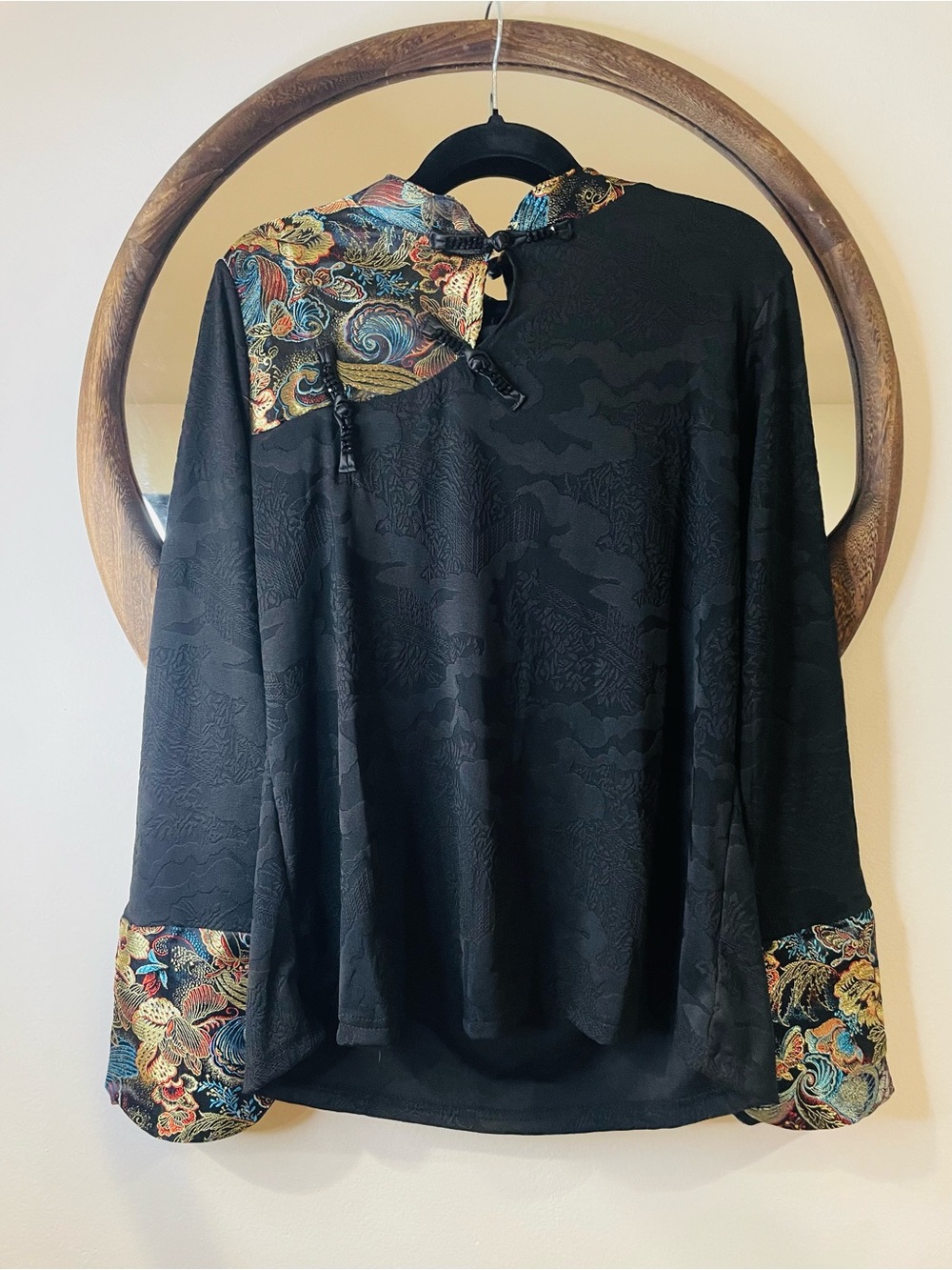 Black Mandarin-Collar Tunic with Multicolor Brocade Trim
